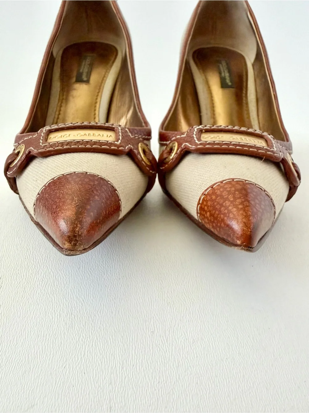 DOLCE & GABBANA | Vintage Canvas Leather Pointed Toe Pumps Heels EU 36.5